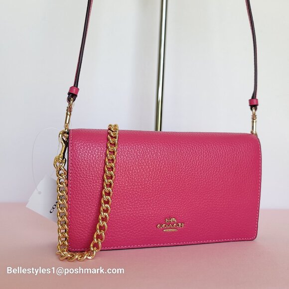 COACH Anna Pebbled Leather Fold-over Clutch Crossbody With Chain- Bold Pink ⭐ - Picture 4 of 16